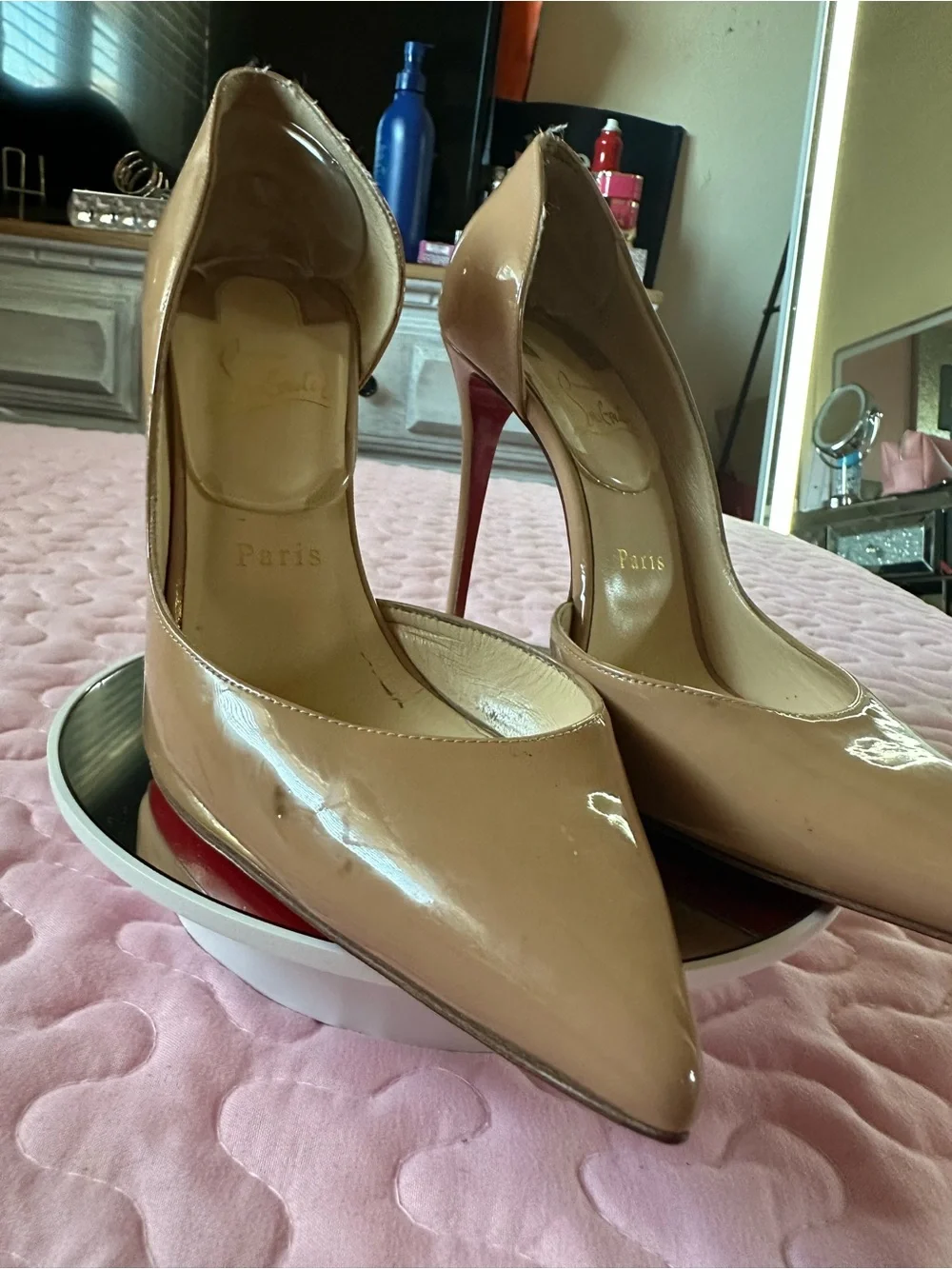 Christian Louboutin Nude Patent Pointed-Toe Pumps with Red Sole